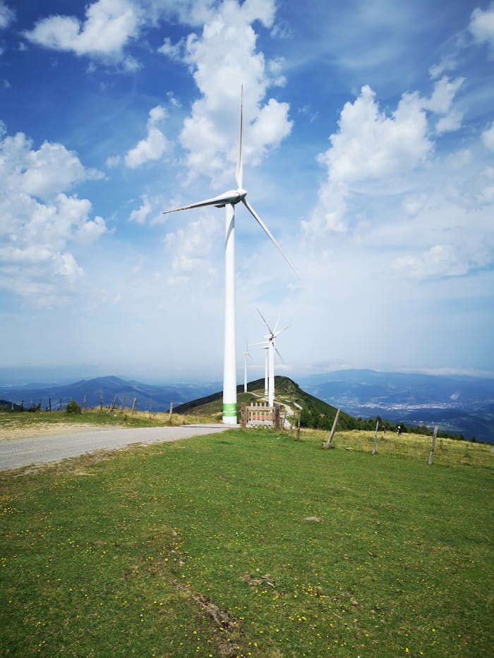 Wind turbines harness renewable energy in the scenic Spanish countryside.